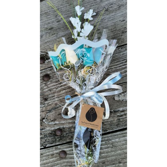 1 Dozen It's A Boy Light Blue and White The Original Wooden Rose Flower Bouquet - Picture 7 of 9